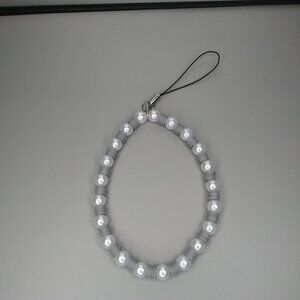 Elegant Pearl & Grey Beaded Phone Charm Strap – Chic Wristlet Style
